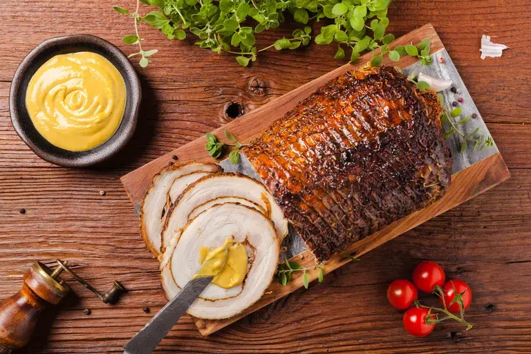 Roast Pork Belly with Mustard Cream and Apples