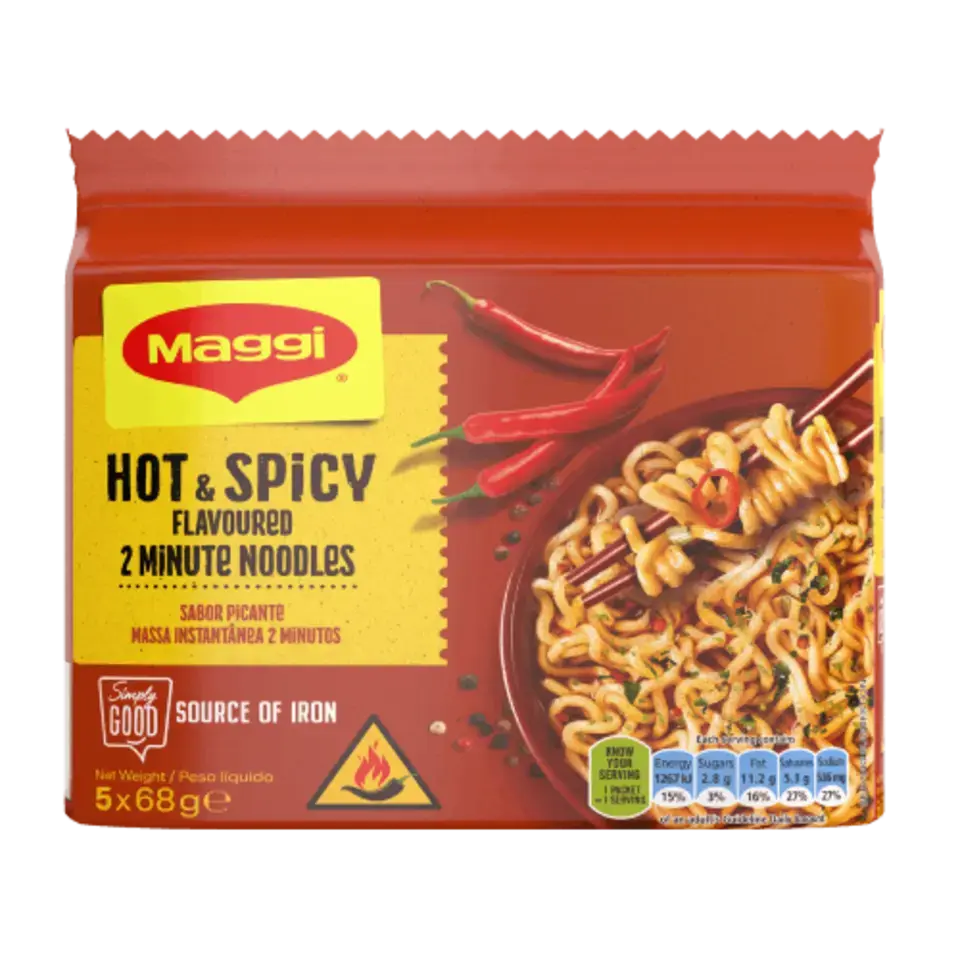 MAGGI 2-Minute Noodles,Hot &amp;Spicy 5 x 68g