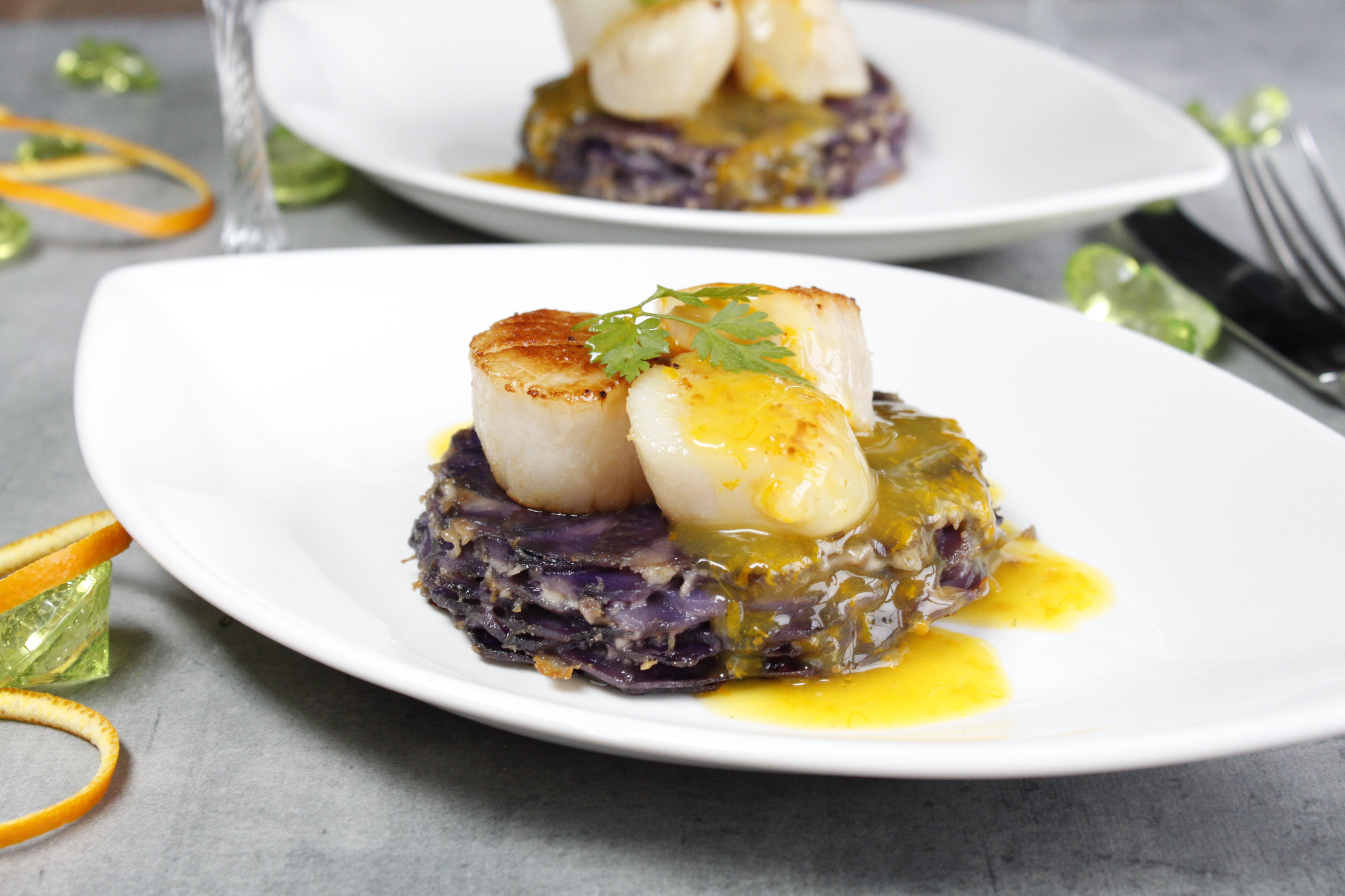 Saint Jacques et gratin de vitellote sauce orange