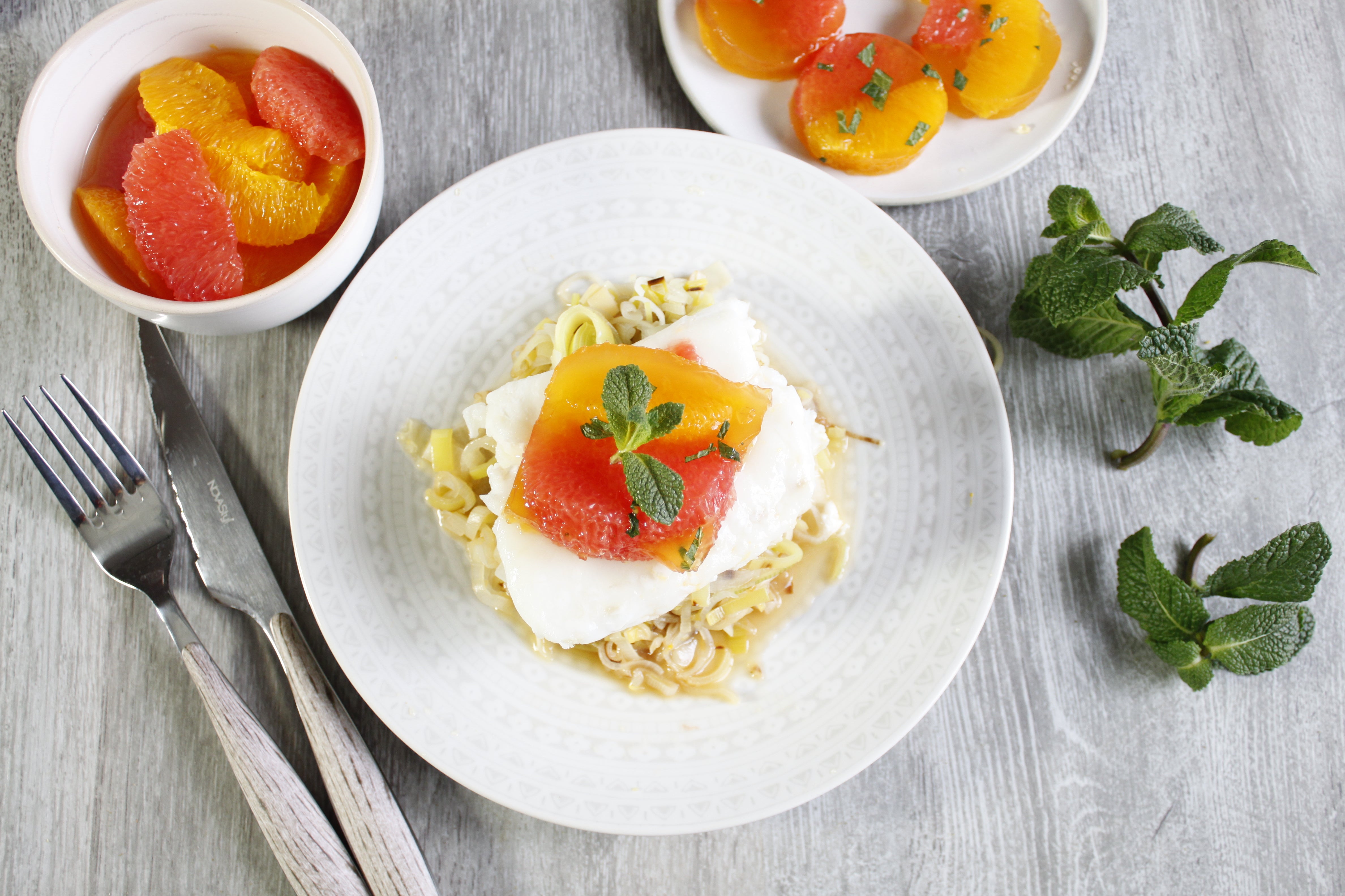 Dos de cabillaud et gelée d'agrumes et menthe