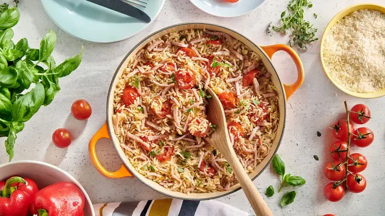 cherry tomatoes and ham pilaf