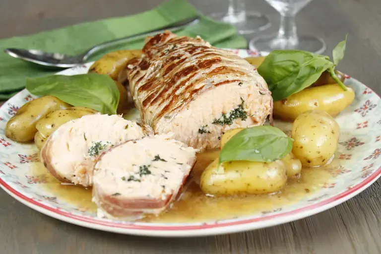 Rôti de saumon, poitrine et rattes au basilic Cookeo