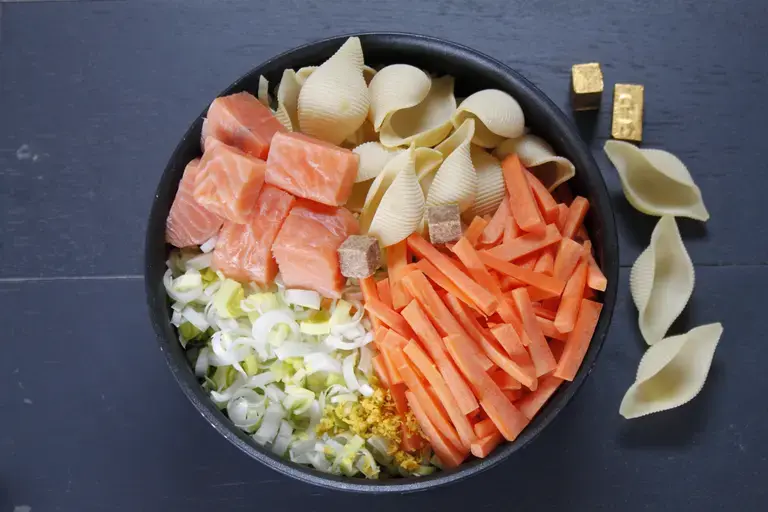 One pot pasta conchiglioni, saumon aux petits légumes
