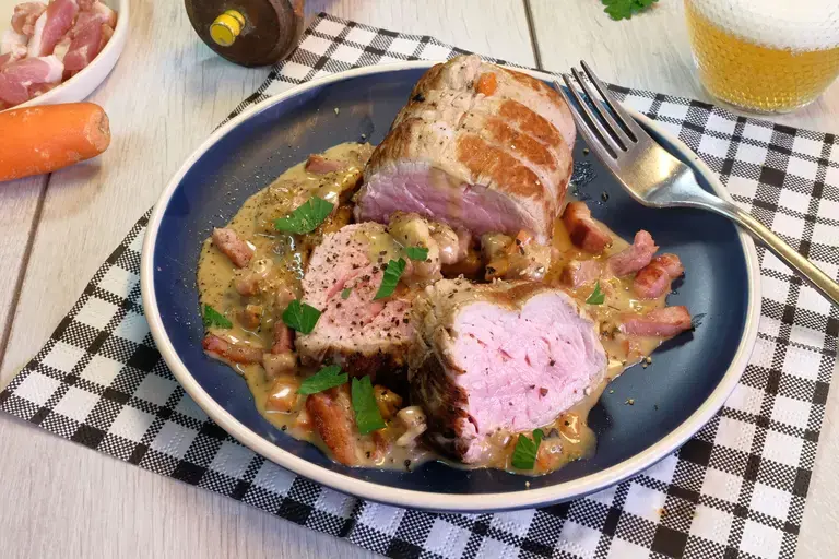 Rôti de veau à la bière et lardons