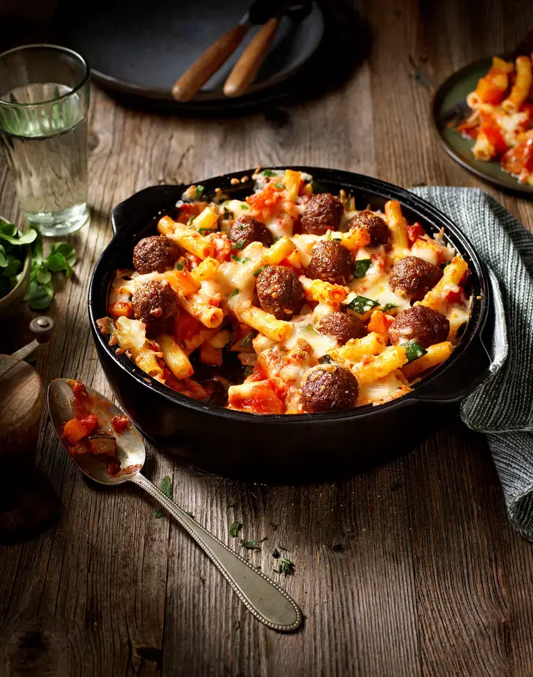 Pâtes gratinées au potiron et boulettes de légumes