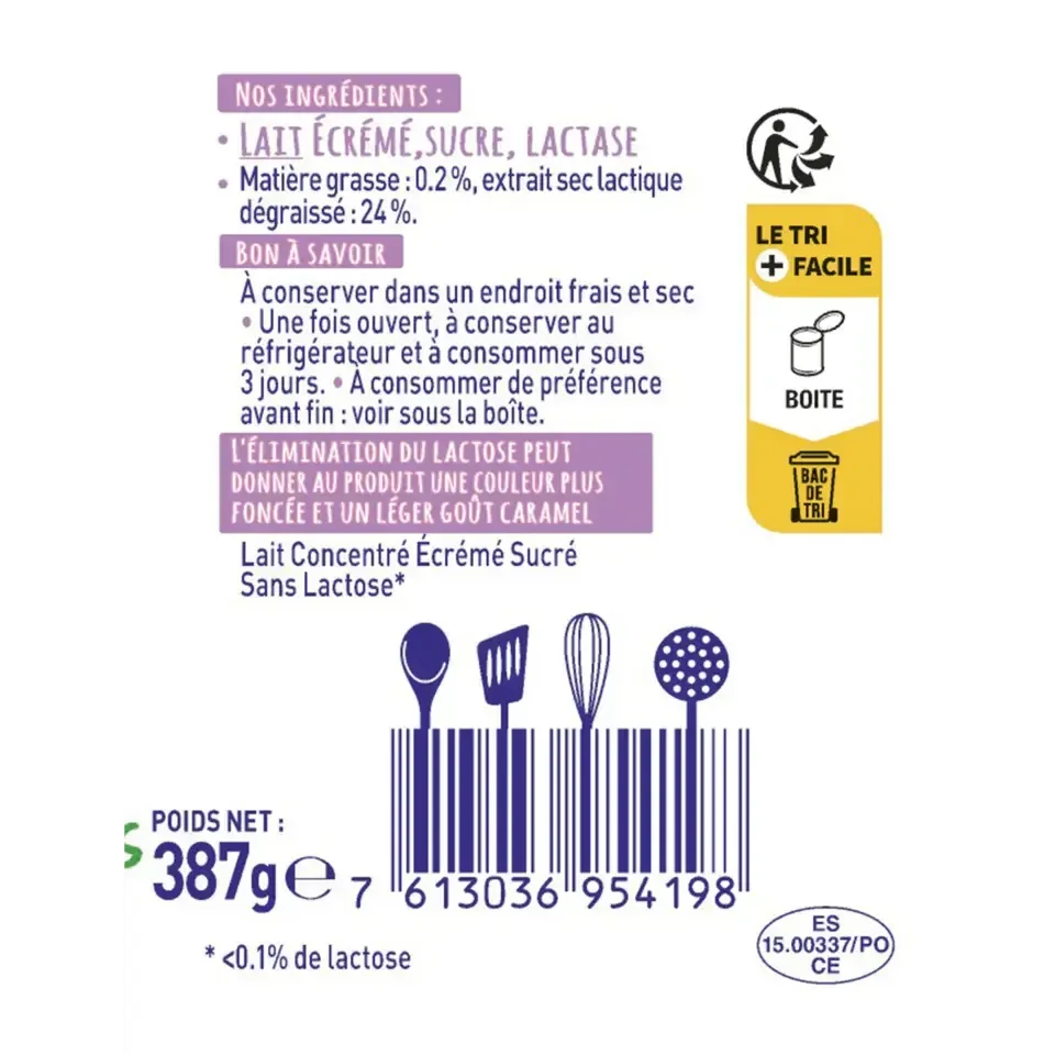 NESTLE® Lait Concentré Sucré Sans Lactose à pâtisser boîte 387g