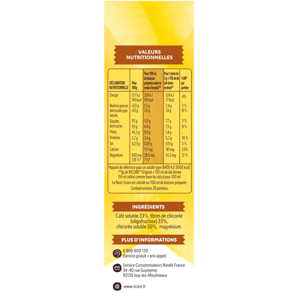 Chicorée &amp; Café, RICORÉ® L'Original, Boîte de 20 Sticks (3g chacun)