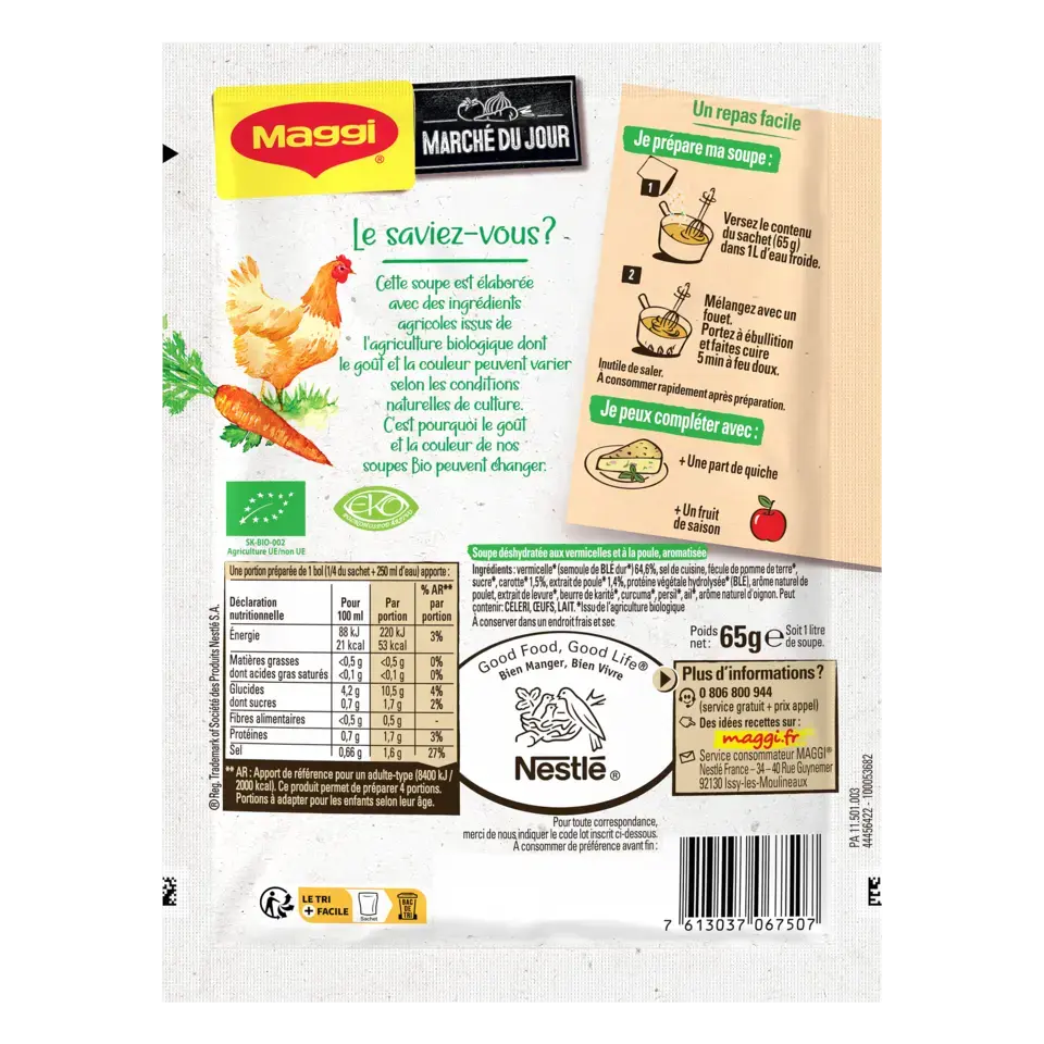 MAGGI Bio Soup Bouillon Chicken Vermicelli Sachet 10x65g FR