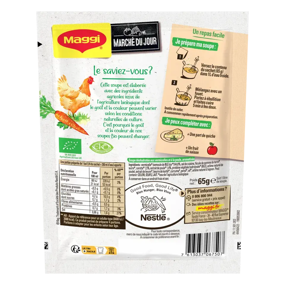 MAGGI Bio Soup Bouillon Chicken Vermicelli Sachet 10x65g FR