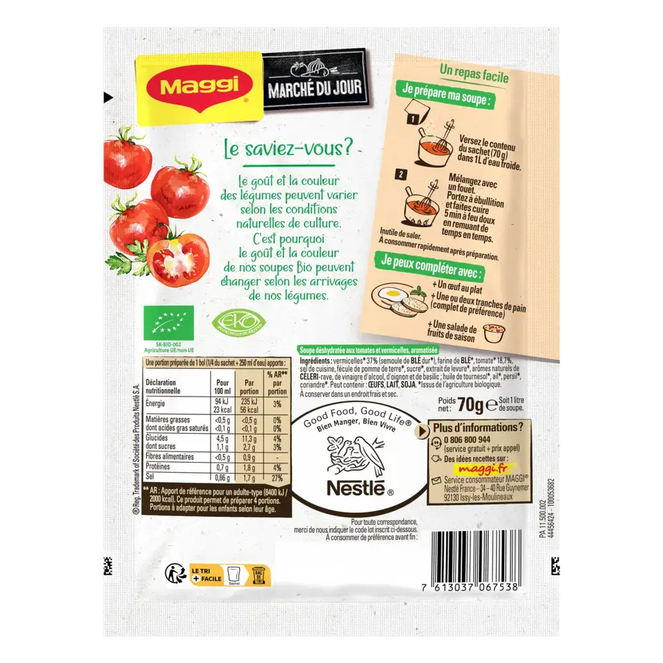 MAGGI Bio Soup Bouillon Tomato Vermicelli Sachet 10x70g FR