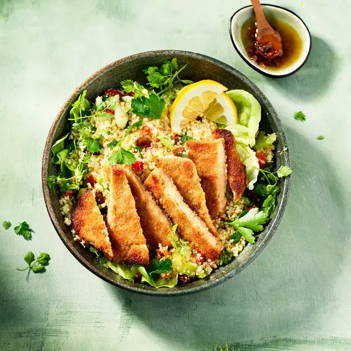 Couscous veggie and herb salad with Sensational Schnitzel