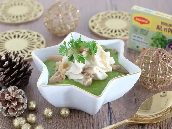 Velours de petits pois et chantilly aux pleurotes