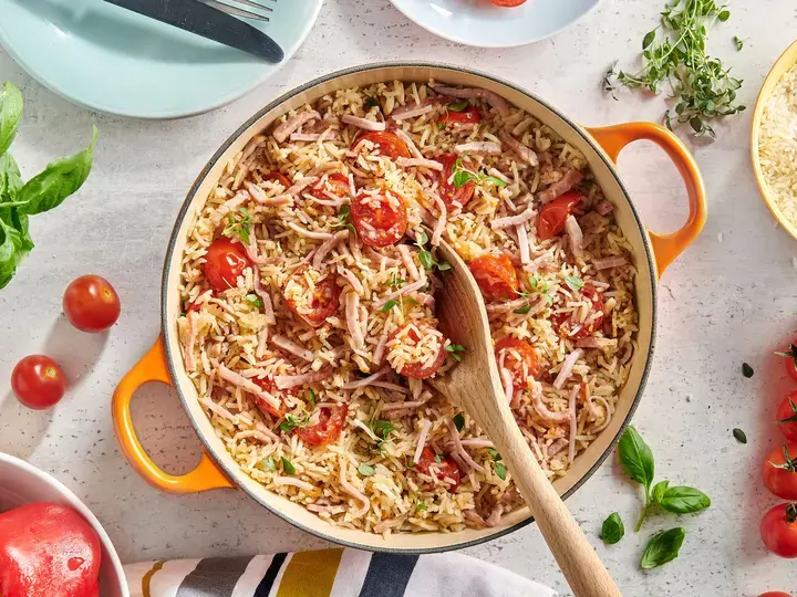 cherry tomatoes and ham pilaf
