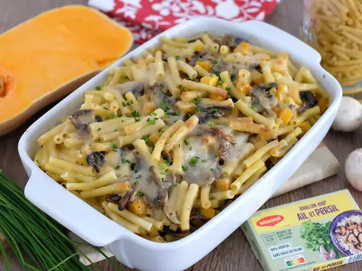 Gratin de pâtes au butternut et champignons sauce butternut et parmesan