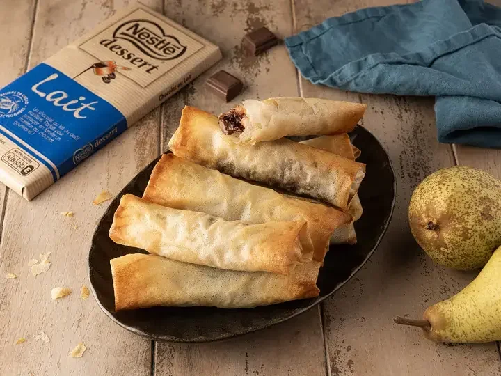 Nems aux poires et chocolat au lait