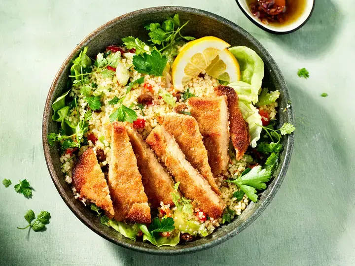 Couscous veggie and herb salad with Sensational Schnitzel