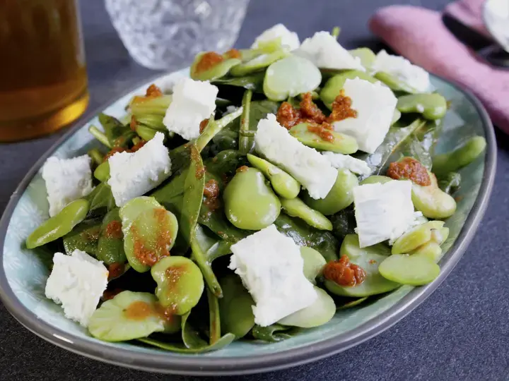 Salade de fèves, chèvre, pousse d'épinards