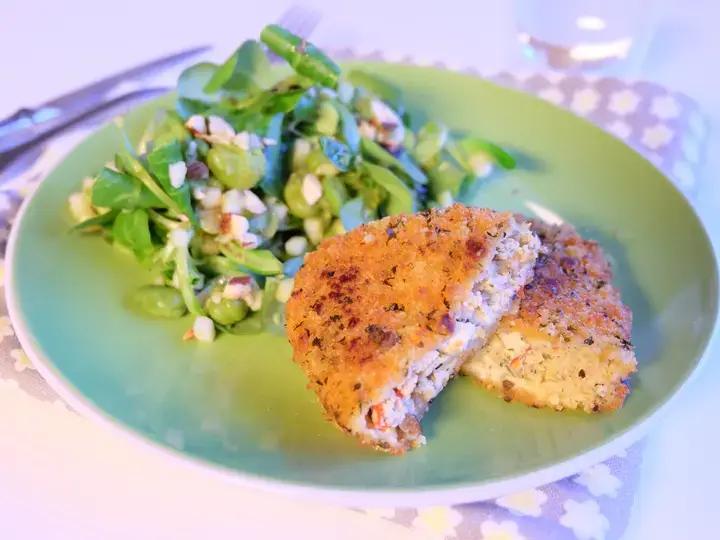 Pavés courgette et salade de fèves