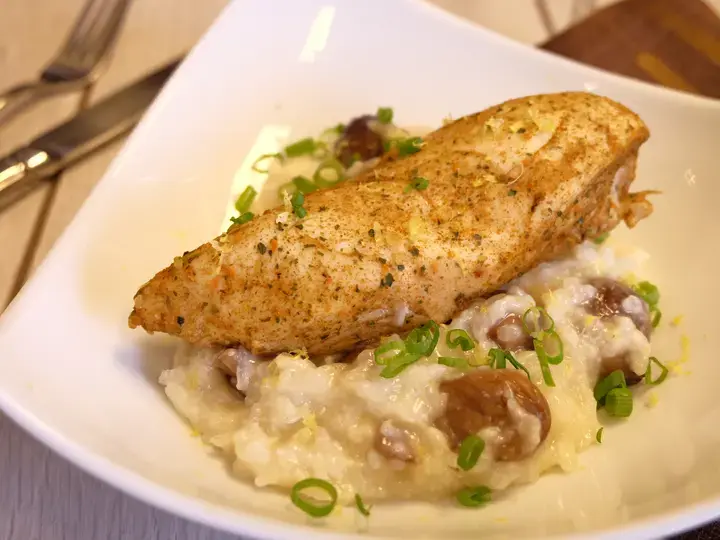 Filets de volaille aux épices, risotto aux marrons de fêtes Thermomix