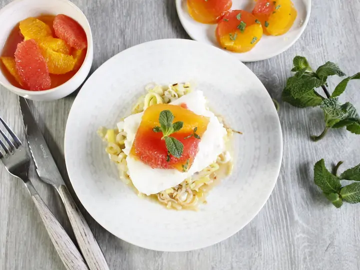 Dos de cabillaud et gelée d'agrumes et menthe