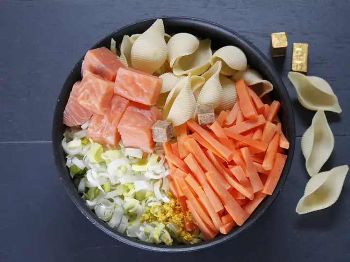 One pot pasta conchiglioni, saumon aux petits légumes