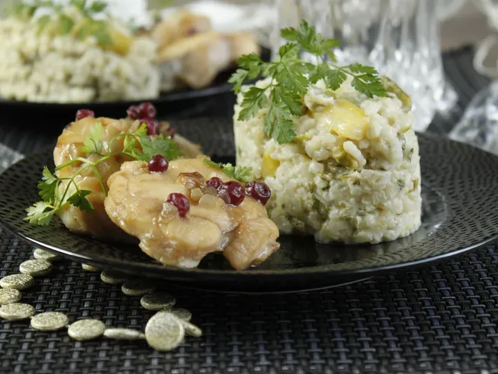 lotte aux airelles et risotto aux asperges