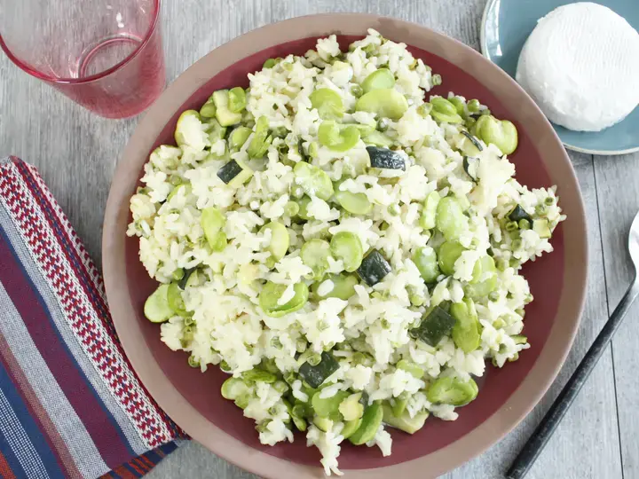 Risotto de légumes verts au fromage de chèvre frais
