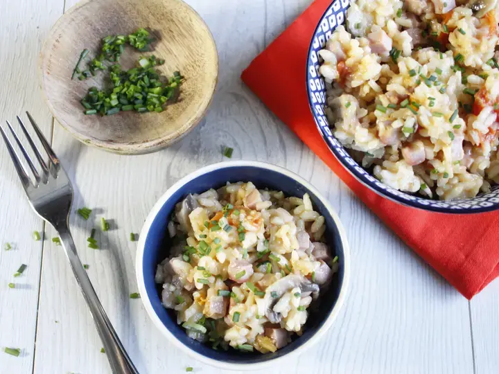 Risotto aux dés de jambon et champignons