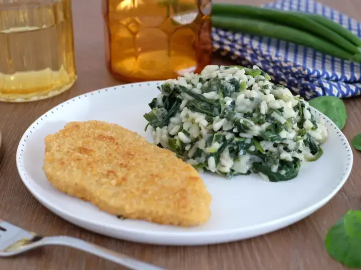 La panée et risotto de légumes verts