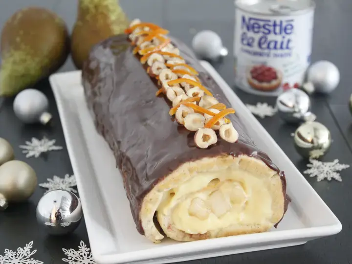 Bûche poire orange chocolat au lait concentré