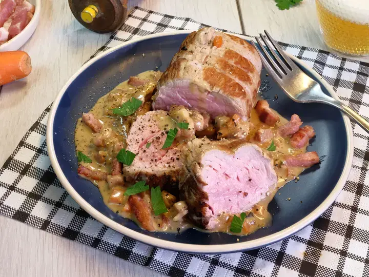 Rôti de veau à la bière et lardons