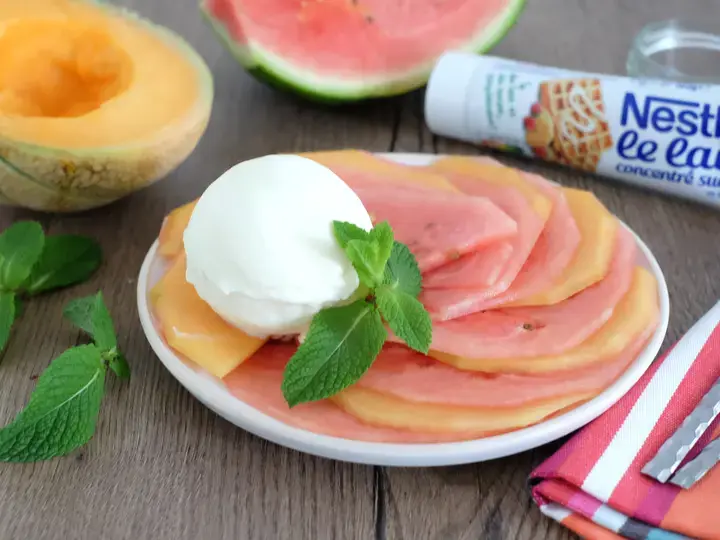 Carpaccio melon pasteque et glace au lait concentré