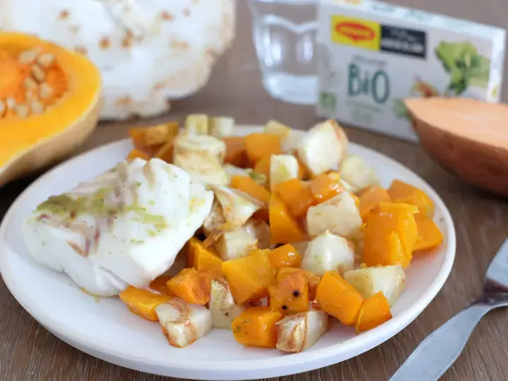 Dos de cabillaud et légumes rôtis