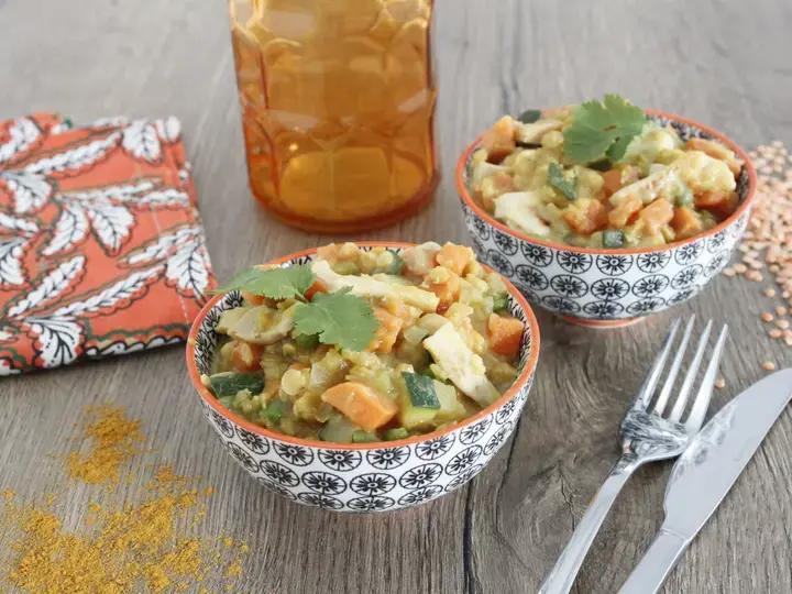 Curry de légumes vegan, lentilles aux émincés