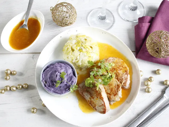 Noix de veau, sauce à l'orange et pommes de terre vitelottes