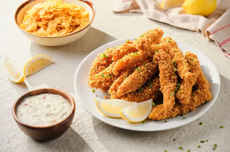 Corn Flakes Coated Fish Fingers with Garlic Cream Dip