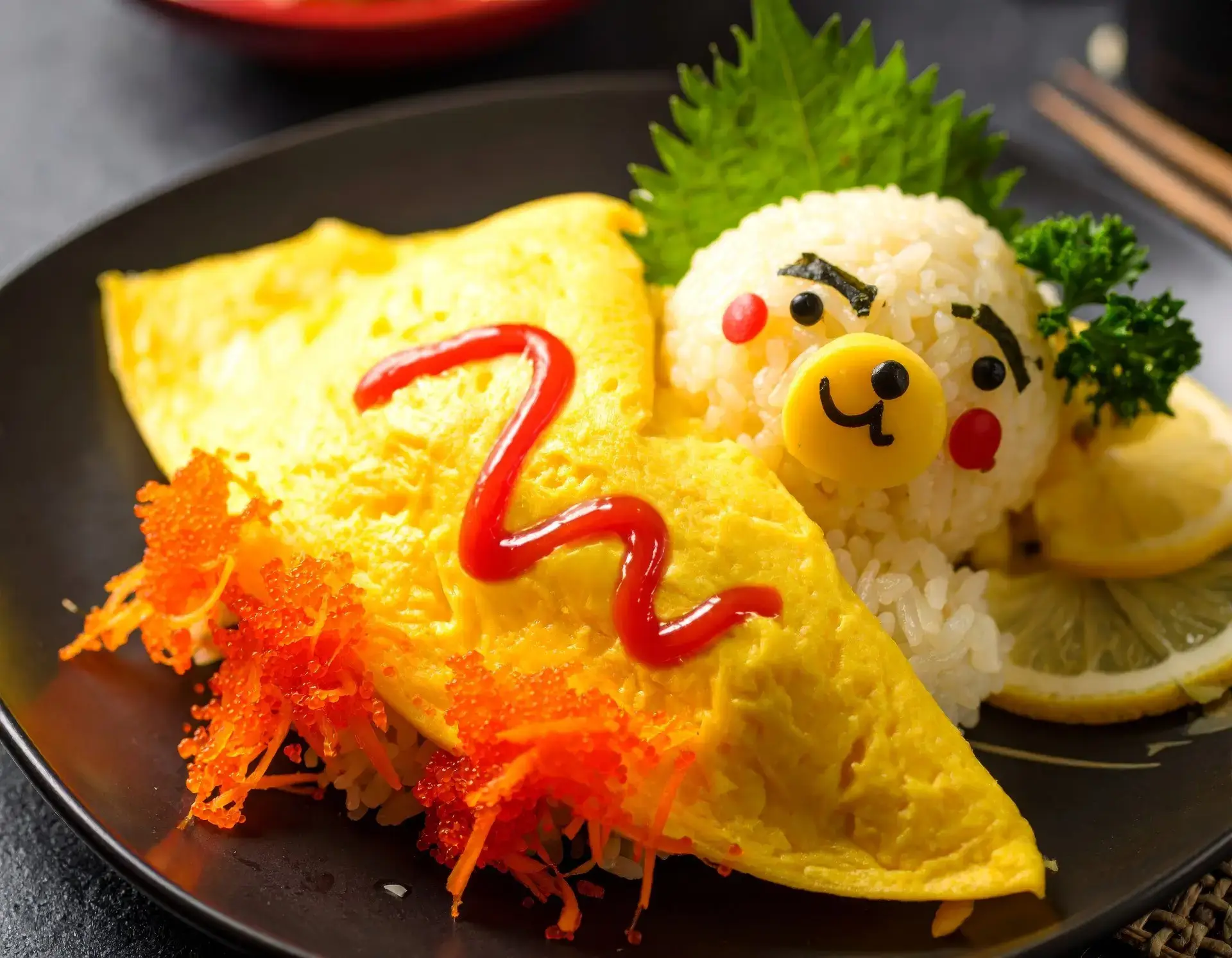 Kanin na kinortehan na parang oso na nakahiga sa plato, ginawang kumot ang scrambled egg na may ketchup sa taas.