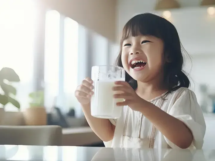 Batang umiinom ng gatas habang nag-aalmusal sa mesa.