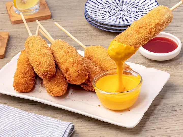 Korean-Style Corn Dogs with Creamy Cheese Sauce